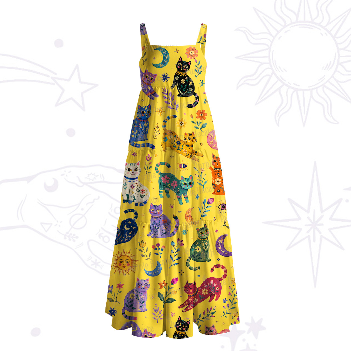 Purplehecate Rainbow Magic Cats Wide Straps Maxi Dress