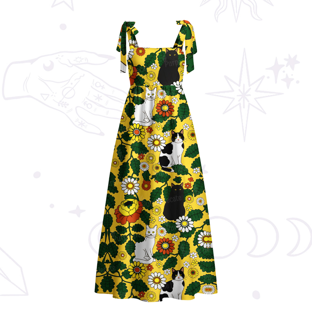 Purplehecate Daisy Cat  Garden Tie Shoulder Maxi Dress