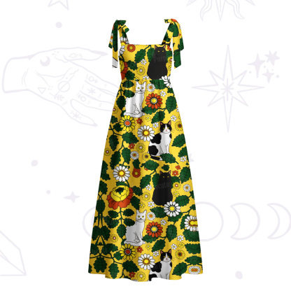 Purplehecate Daisy Cat  Garden Tie Shoulder Maxi Dress