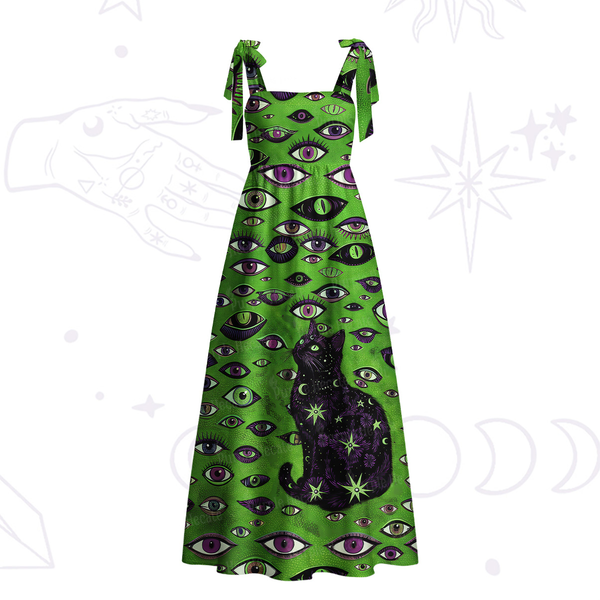 Purplehecate Cosmic Watcher Cat Tie Shoulder Maxi Dress