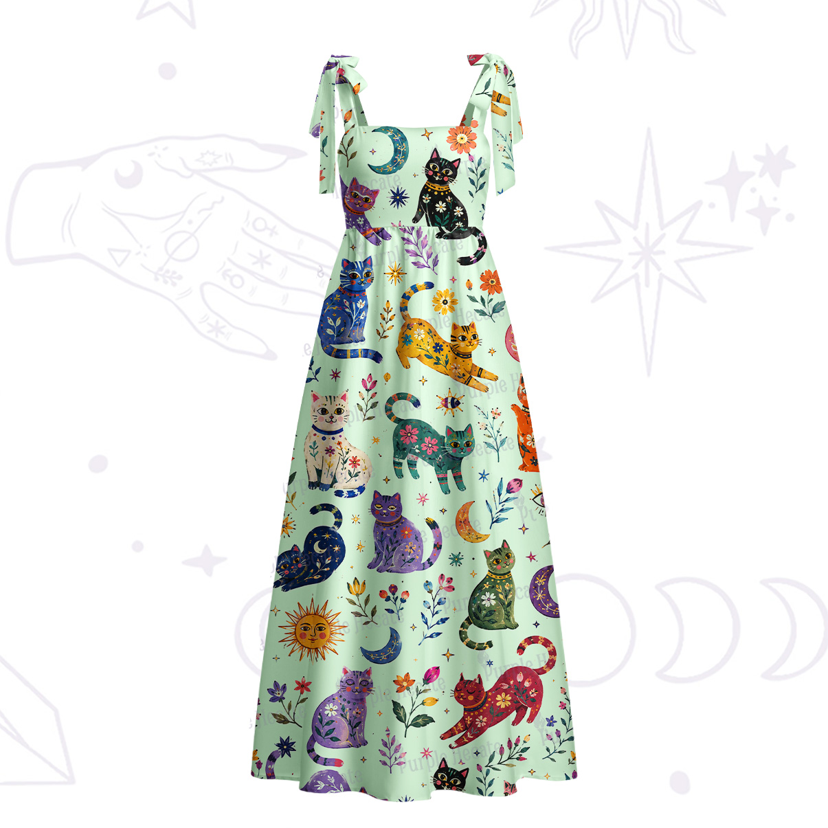 Purplehecate Rainbow Magic Cats Tie Shoulder Maxi Dress