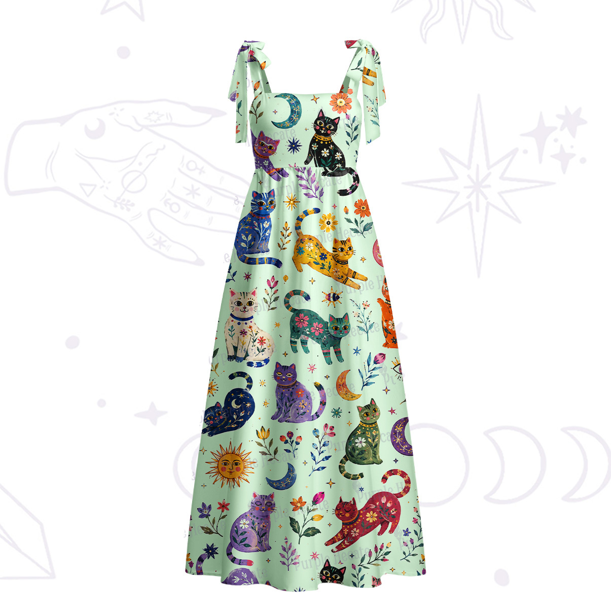 Purplehecate Rainbow Magic Cats Tie Shoulder Maxi Dress