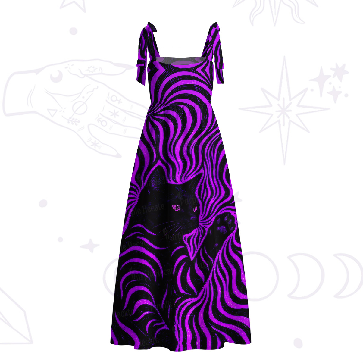 Purplehecate Psychedelic Cat Tie Shoulder Maxi Dress