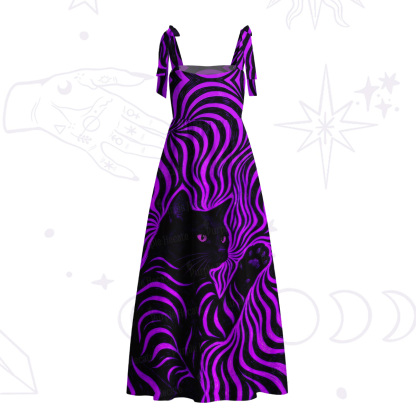 Purplehecate Psychedelic Cat Tie Shoulder Maxi Dress