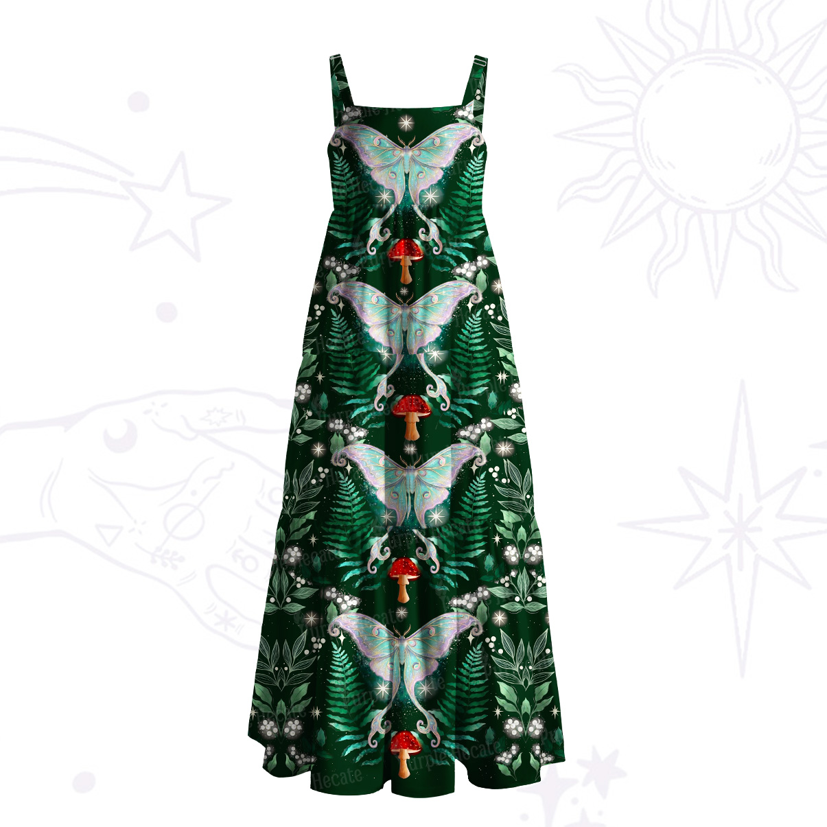 Purplehecate Enchanted Forest Moth Wide Straps Maxi Dress