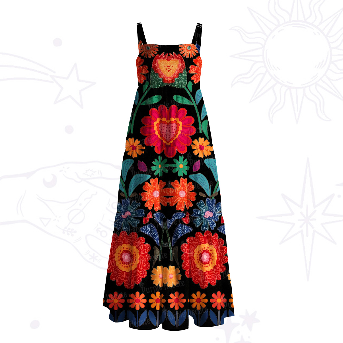 Purplehecate Retro Bloom Folk Floral Wide Straps Maxi Dress
