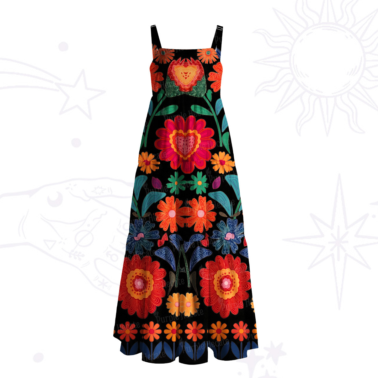 Purplehecate Retro Bloom Folk Floral Wide Straps Maxi Dress