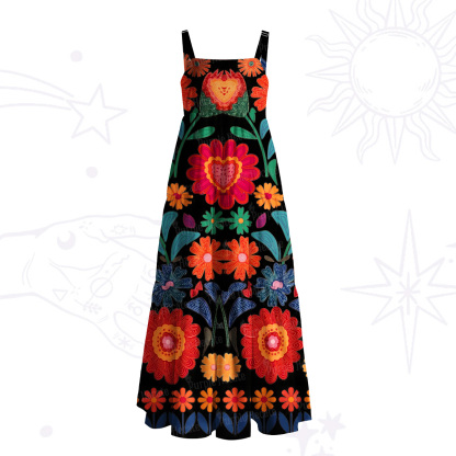 Purplehecate Retro Bloom Folk Floral Wide Straps Maxi Dress