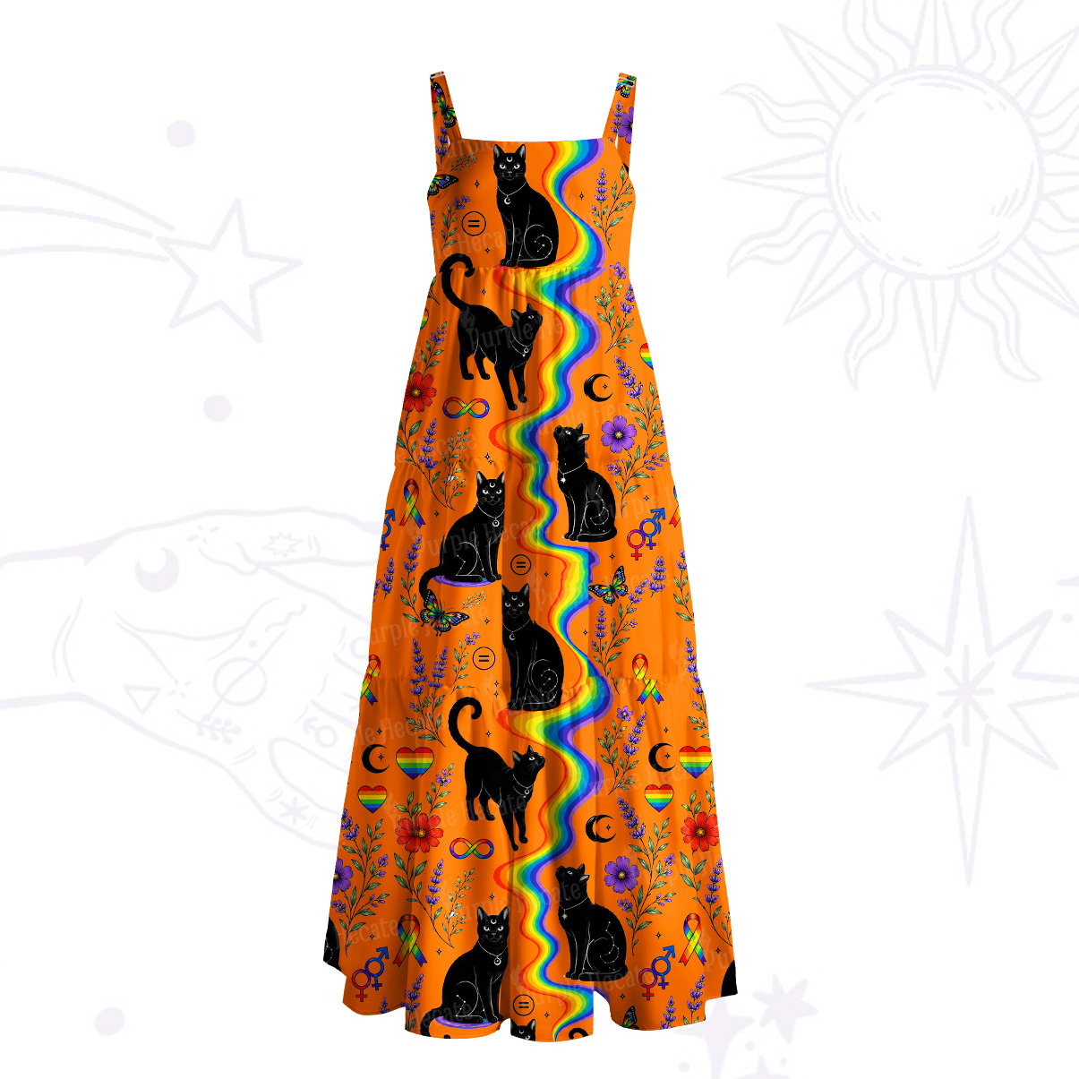 Purplehecate Rainbow Witch Cat Parade Wide Straps Maxi Dress