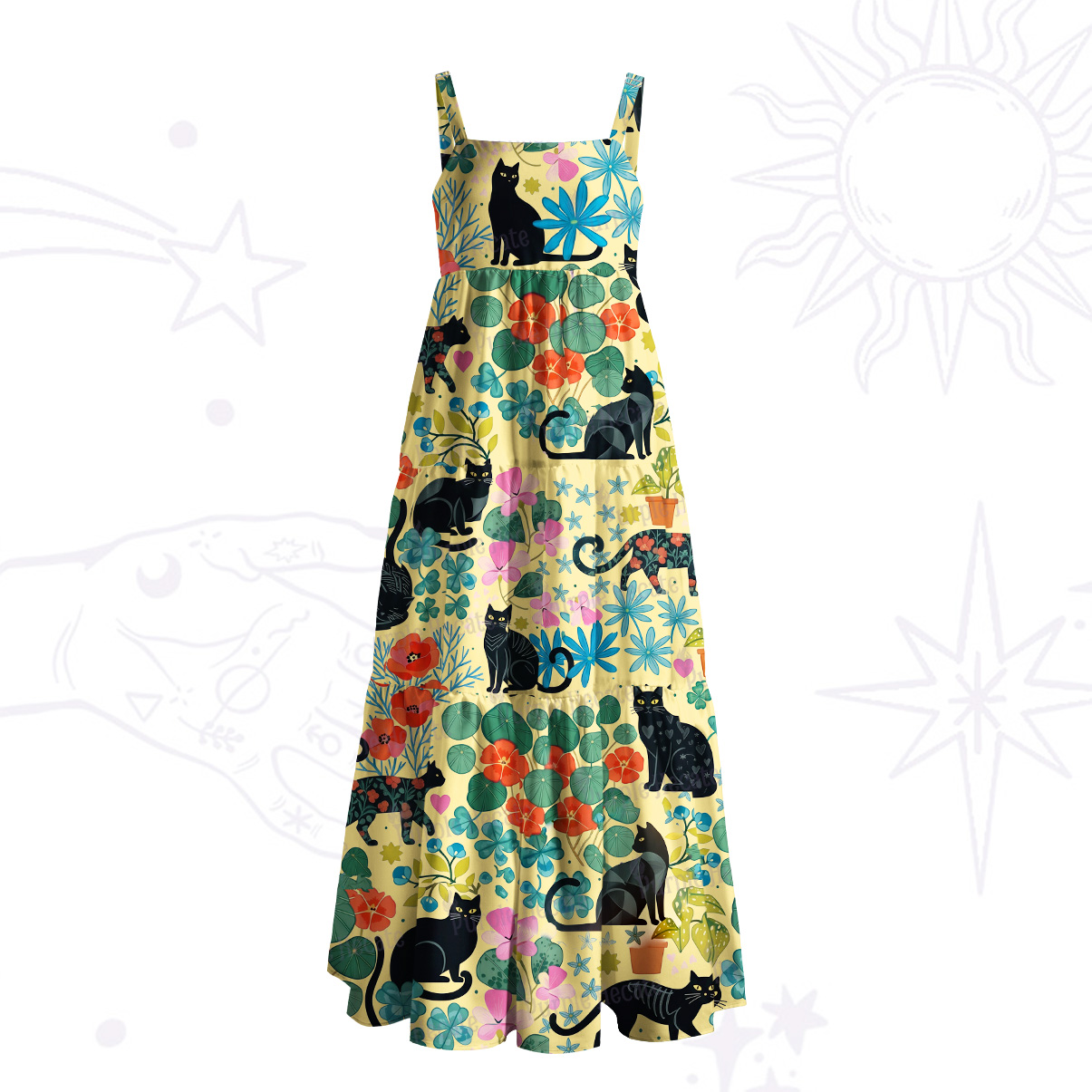 Purplehecate Mystic Meadow Black Cats Wide Straps Maxi Dress