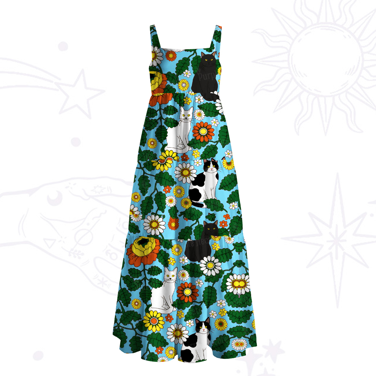 Purplehecate Daisy Cat  Garden Wide Straps Maxi Dress