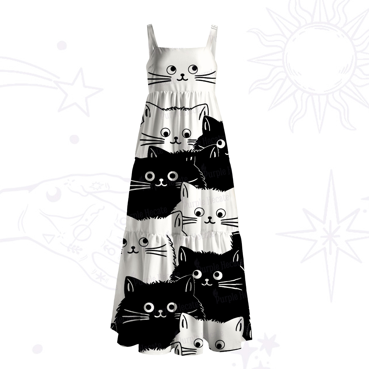 Purplehecate Curious Cats Wide Straps Maxi Dress