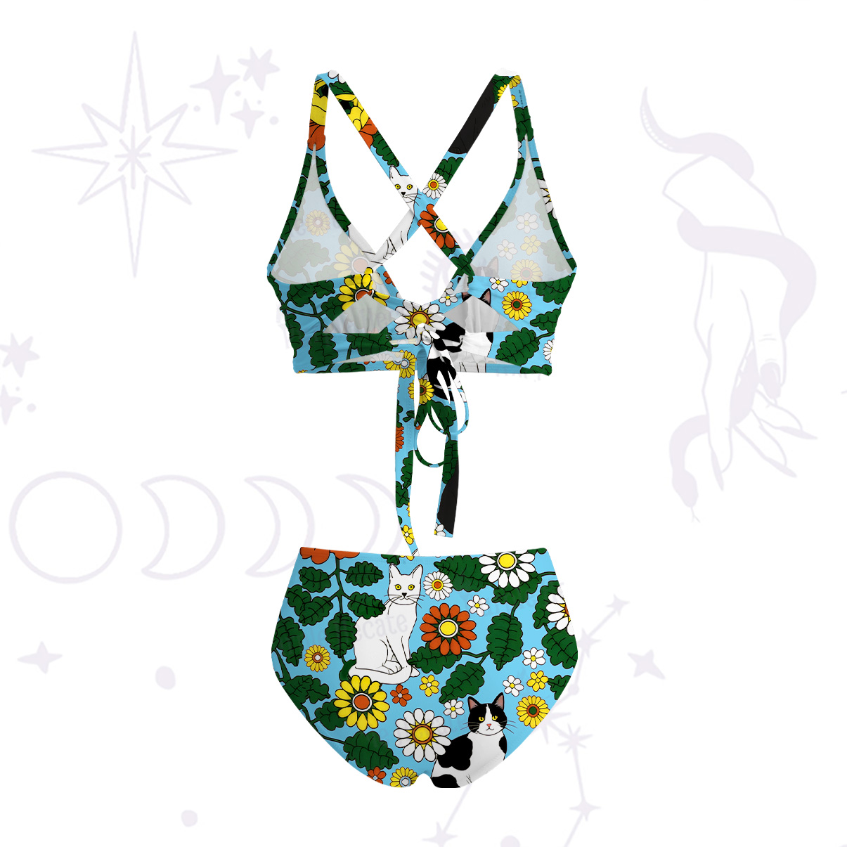 Purplehecate Daisy Cat  Garden Crisscross Tie-Back Bikini Set