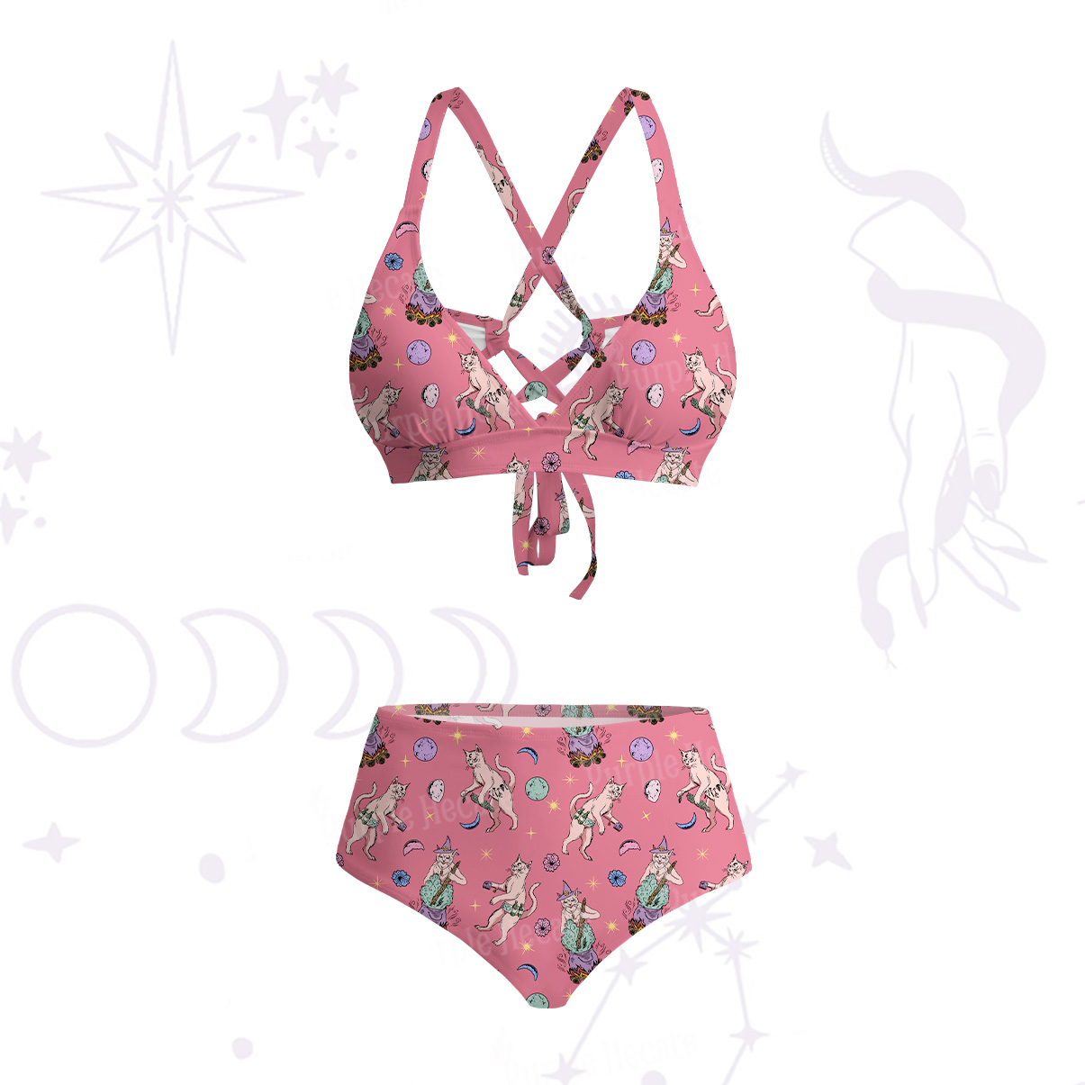 Purplehecate Cat Coven Crisscross Tie-Back Bikini Set