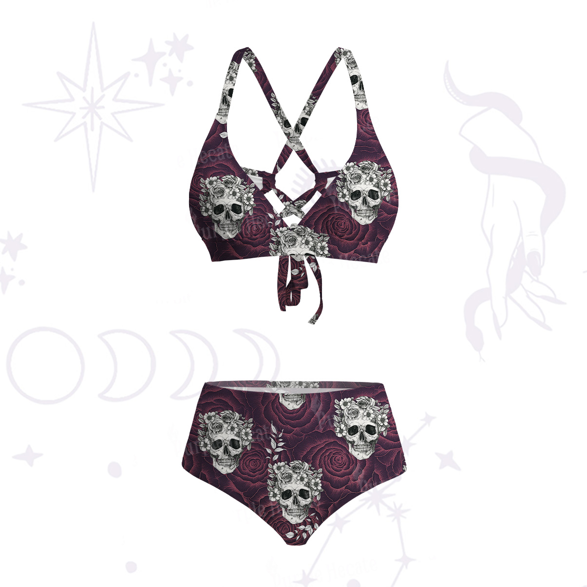 Purplehecate Rose Skull Crisscross Tie-Back Bikini Set