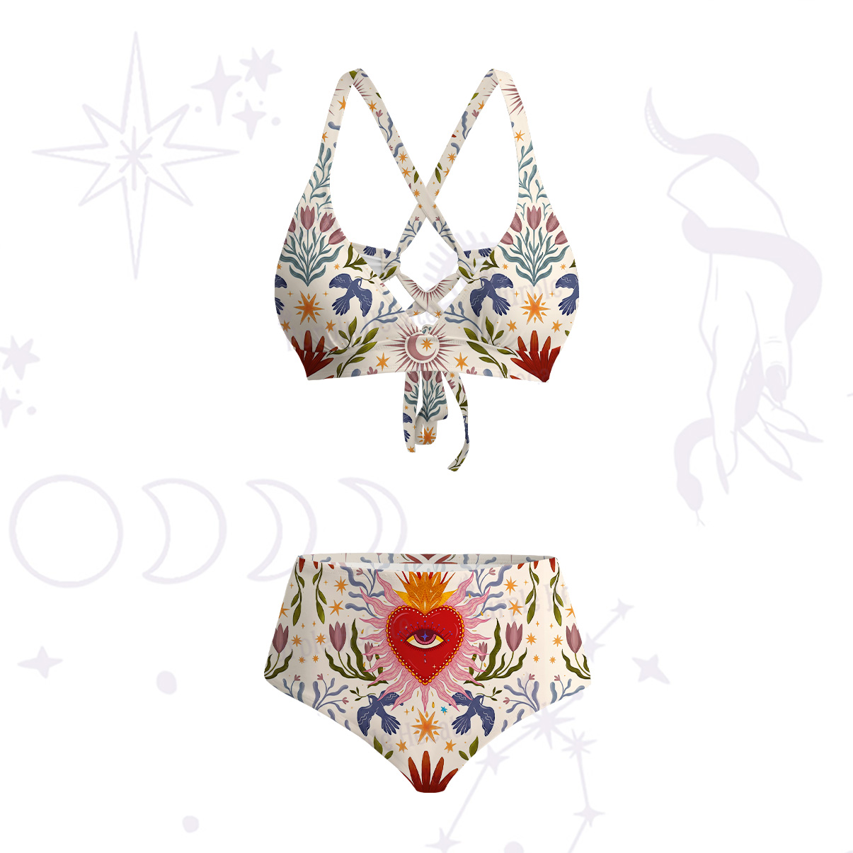 Purplehecate Sacred Flame Heart Crisscross Tie-Back Bikini Set