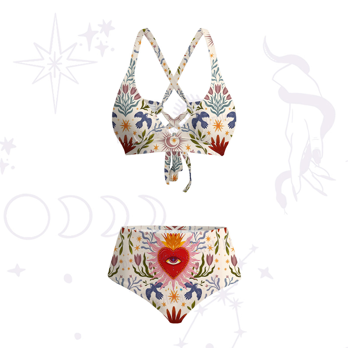 Purplehecate Sacred Flame Heart Crisscross Tie-Back Bikini Set