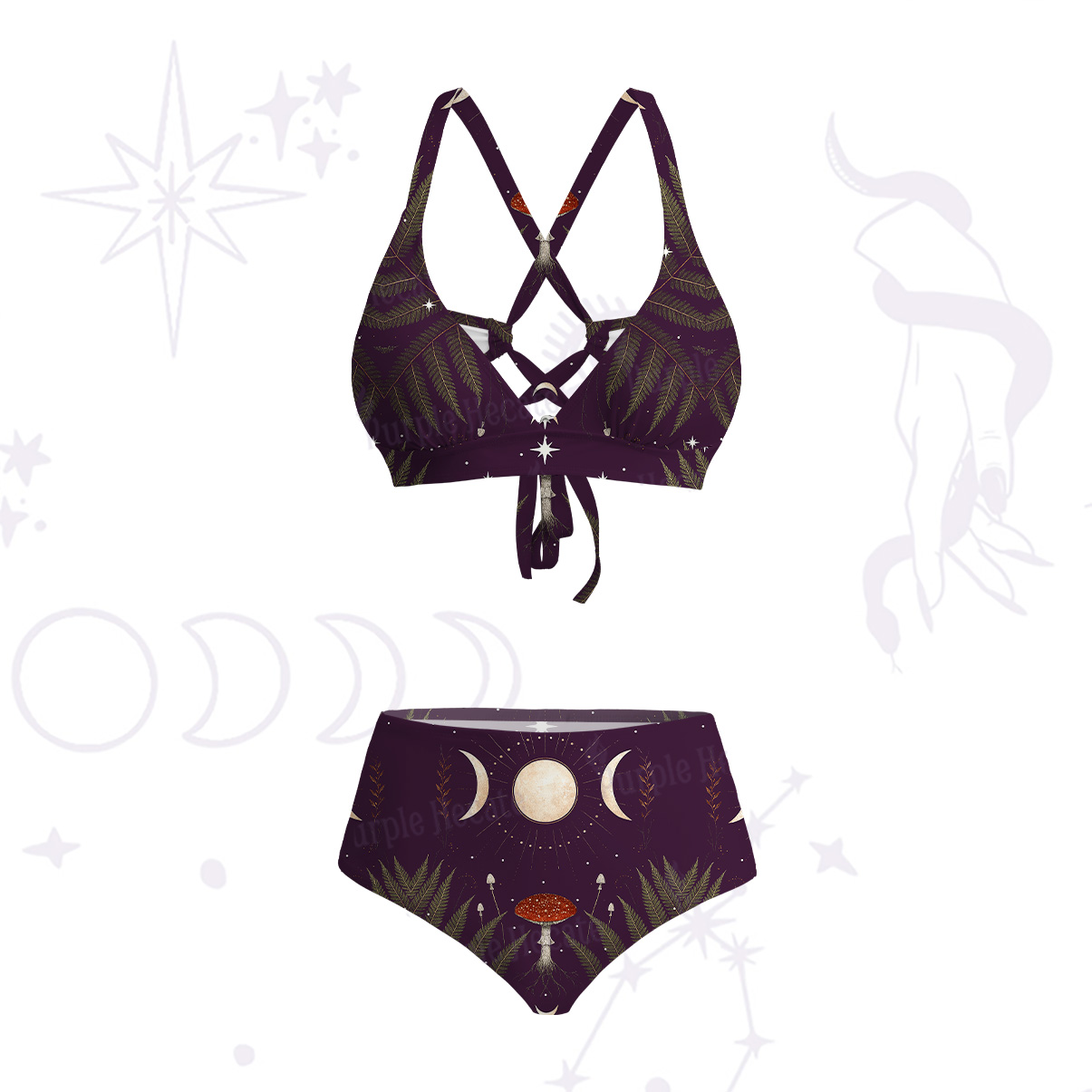 Purplehecate Moonlit Mushroom Gown Crisscross Tie-Back Bikini Set
