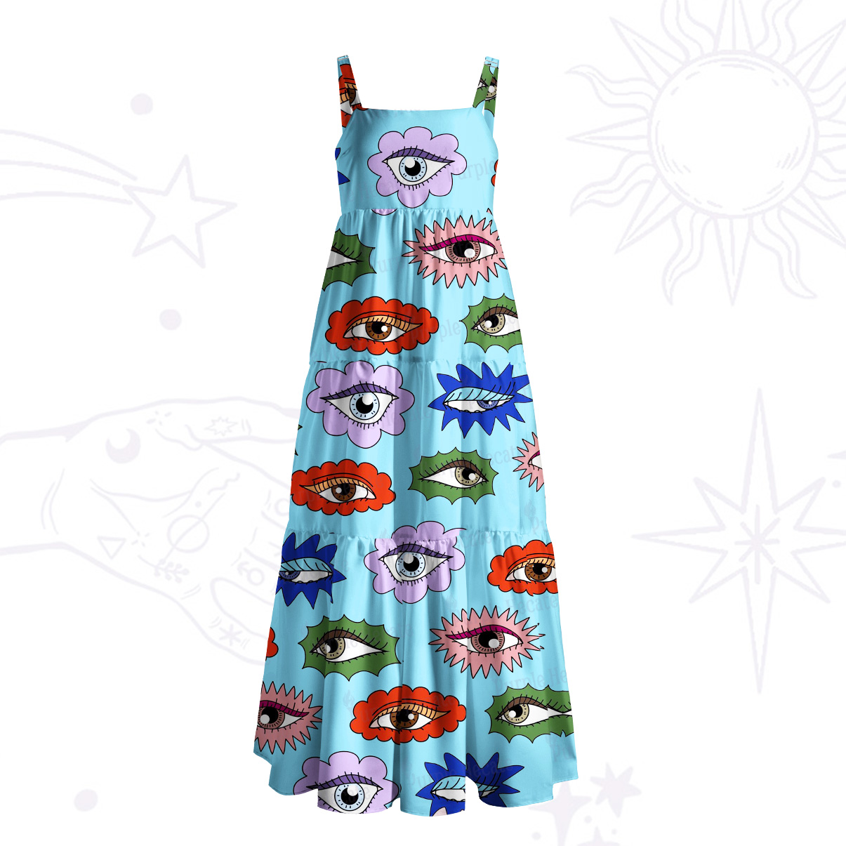 Purplehecate Rainbow Evil Eye Garden Wide Straps Maxi Dress