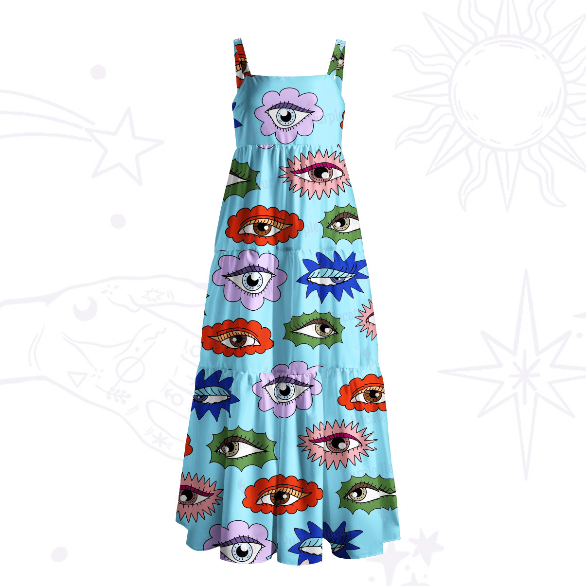 Purplehecate Rainbow Evil Eye Garden Wide Straps Maxi Dress