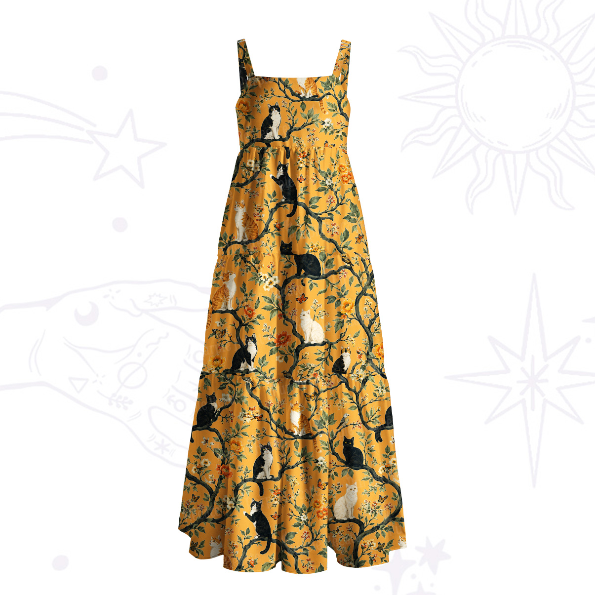 Purplehecate Enchanted Cat Grove Wide Straps Maxi Dress