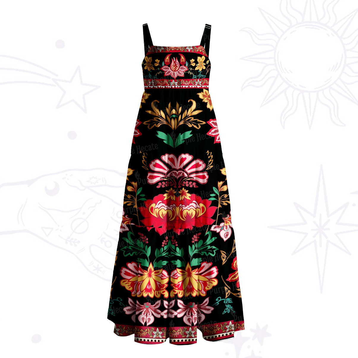 Purplehecate Ethnic Passionate Floral Motif  Wide Straps Maxi Dress