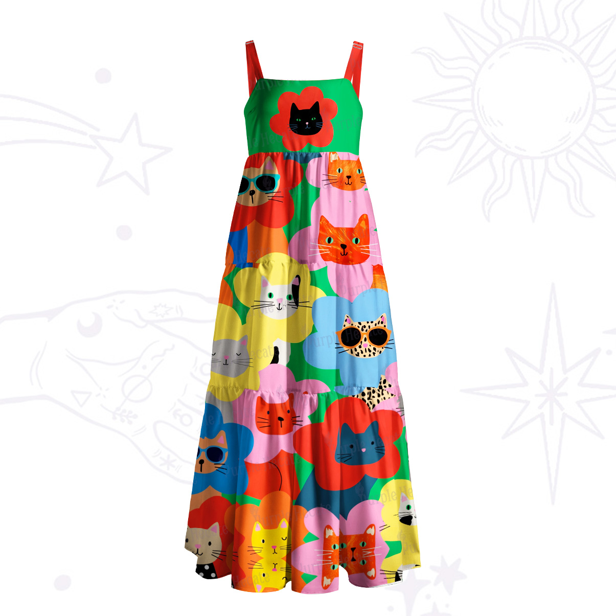 Purplehecate Rainbow Cat Faces Garden Wide Straps Maxi Dress