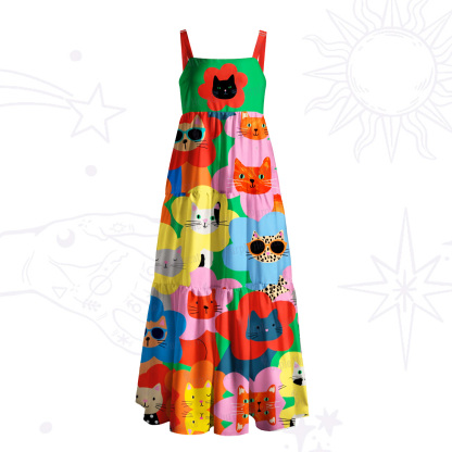 Purplehecate Rainbow Cat Faces Garden Wide Straps Maxi Dress