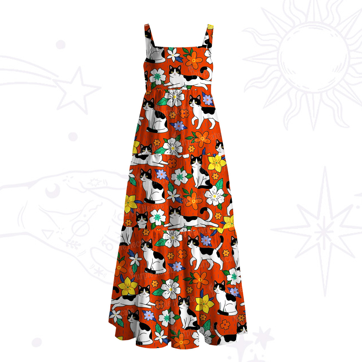 Purplehecate Enchanted Spring Whispering Cat Wide Straps Maxi Dress