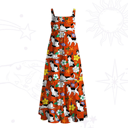 Purplehecate Enchanted Spring Whispering Cat Wide Straps Maxi Dress