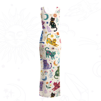 Purplehecate Rainbow Magic Cats Mesh Maxi Tank Beach Dress