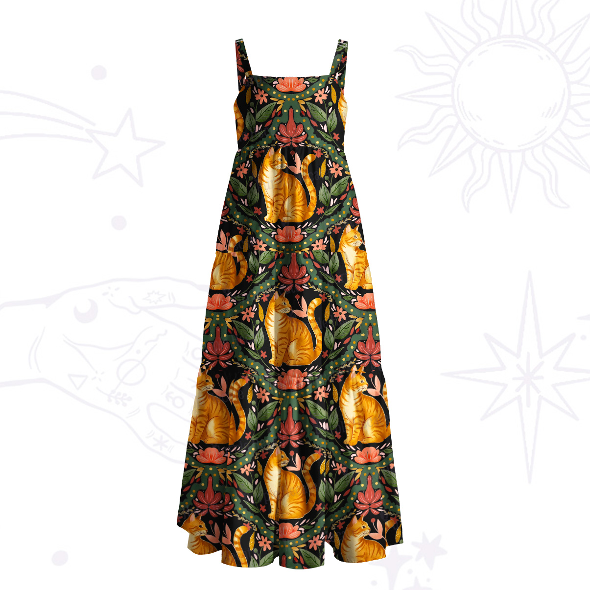 Purplehecate Floral Orange Cat Wide Straps Maxi Dress