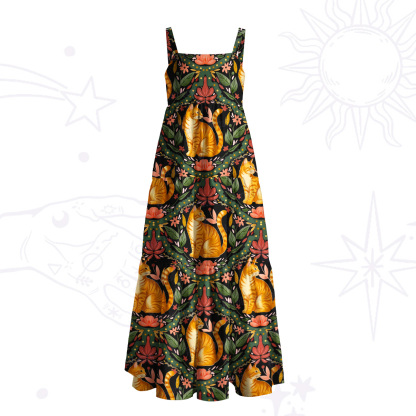 Purplehecate Floral Orange Cat Wide Straps Maxi Dress