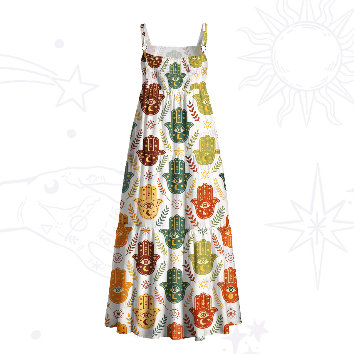 Purplehecate Boho Hamsa Hand Print Wide Straps Maxi Dress