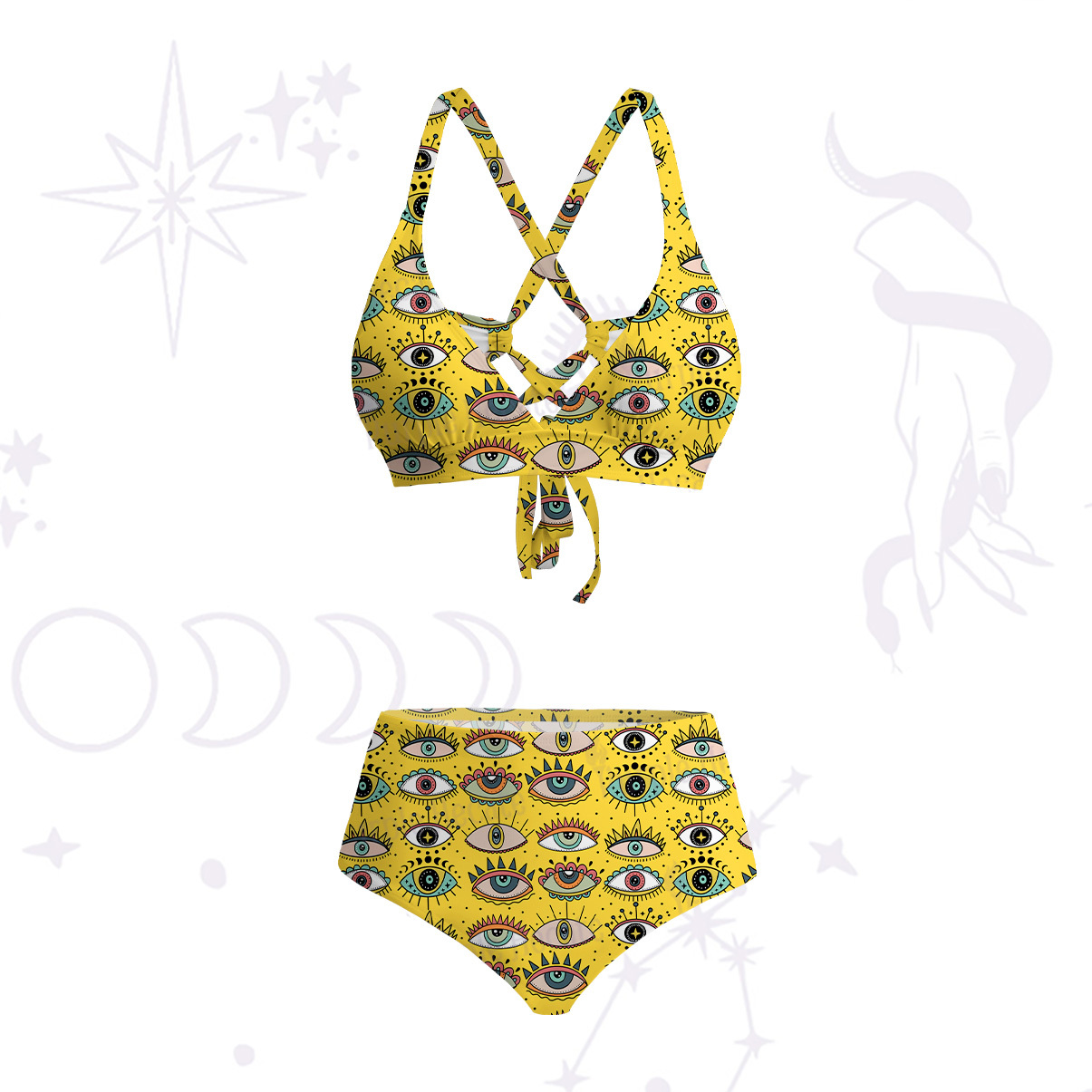 Purplehecate Evil Eye Pattern Crisscross Tie-Back Bikini Set