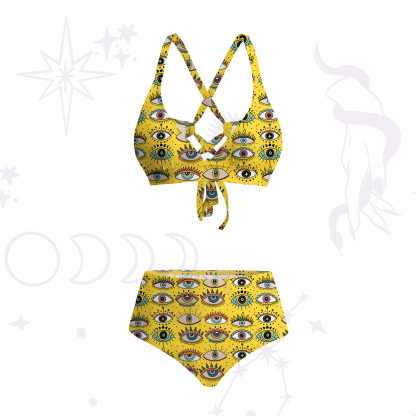Purplehecate Evil Eye Pattern Crisscross Tie-Back Bikini Set