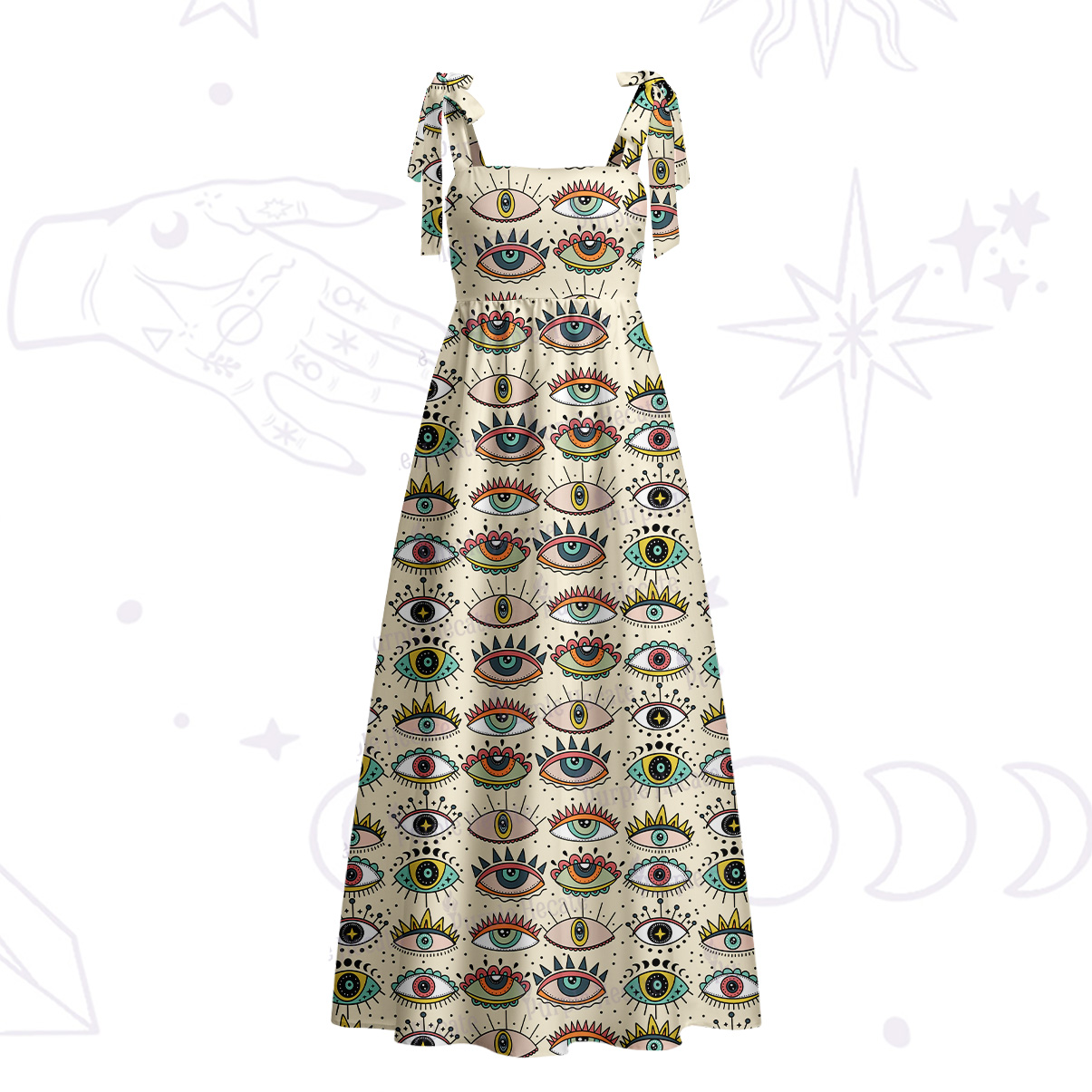 Purplehecate Evil Eye Pattern Tie Shoulder Maxi Dress