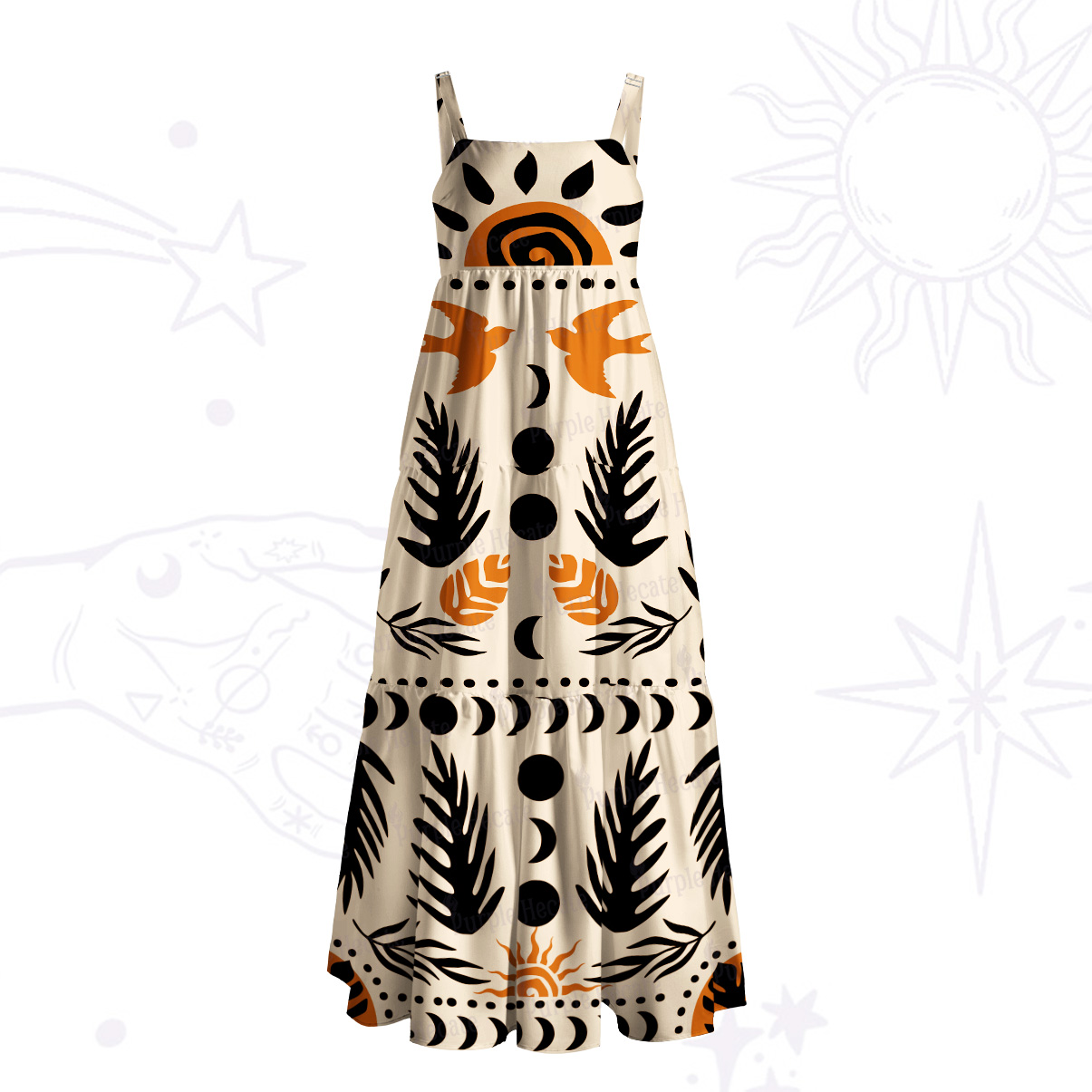 Purplehecate Tribal Mystic Bird Sun Moon Wide Straps Maxi Dress