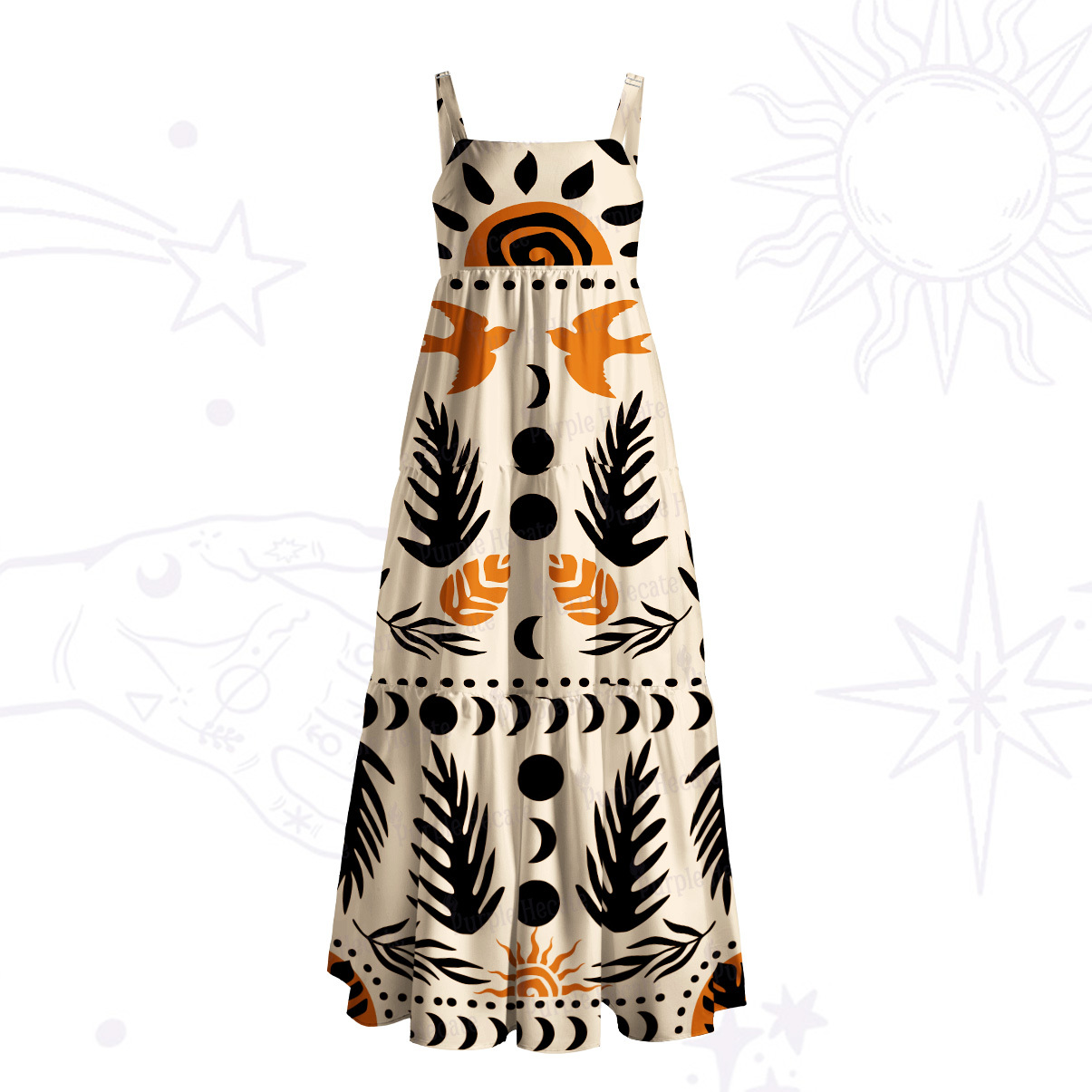 Purplehecate Tribal Mystic Bird Sun Moon Wide Straps Maxi Dress