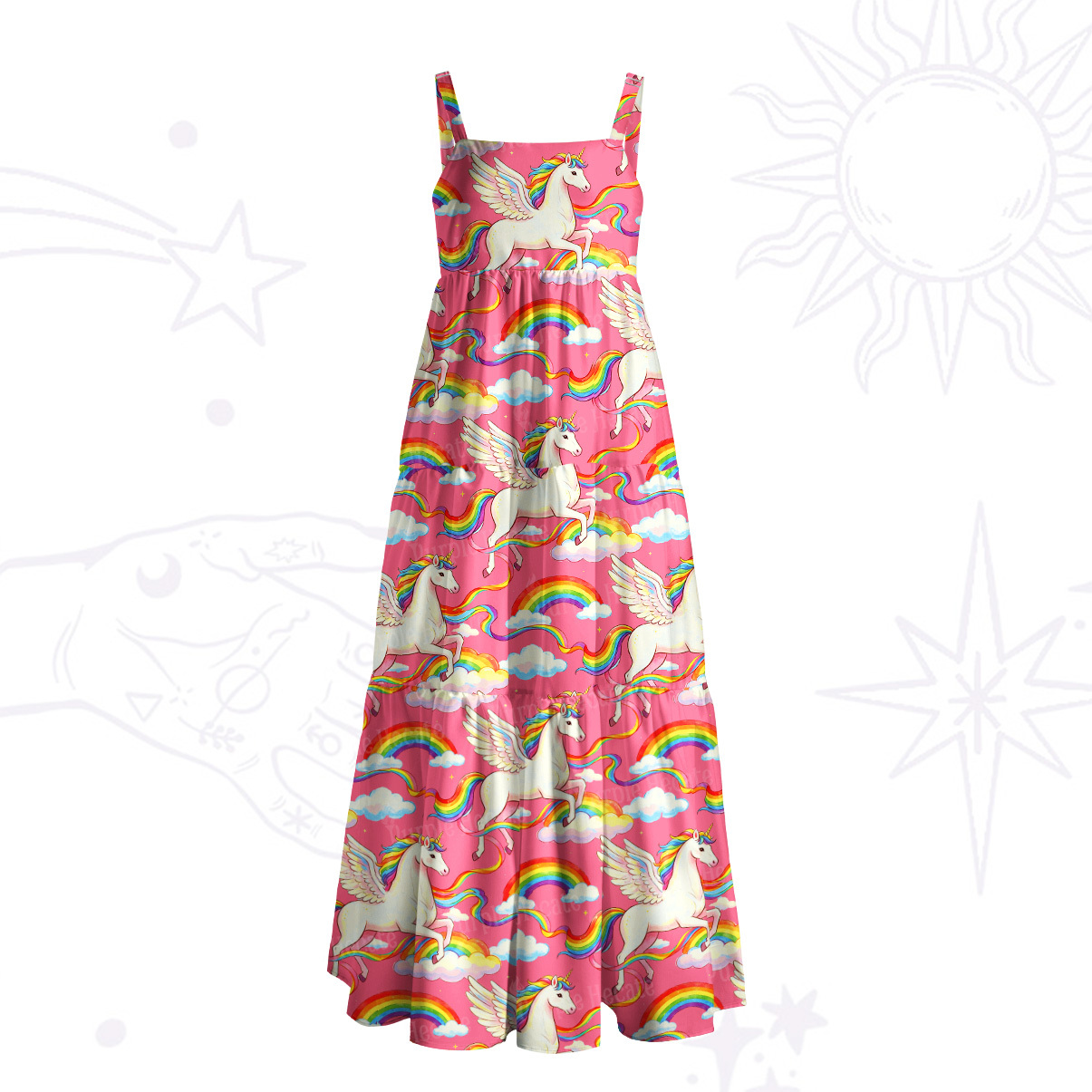Purplehecate Fantasy Unicorn Cloud Print Wide Straps Maxi Dress