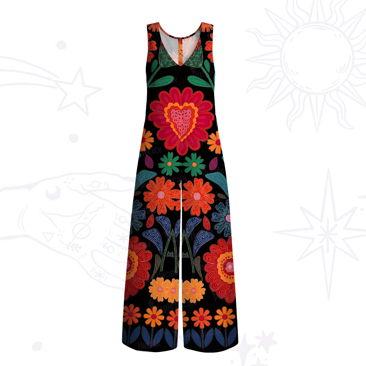 Purplehecate Retro Bloom Folk Floral Wide Leg Jumpsuit