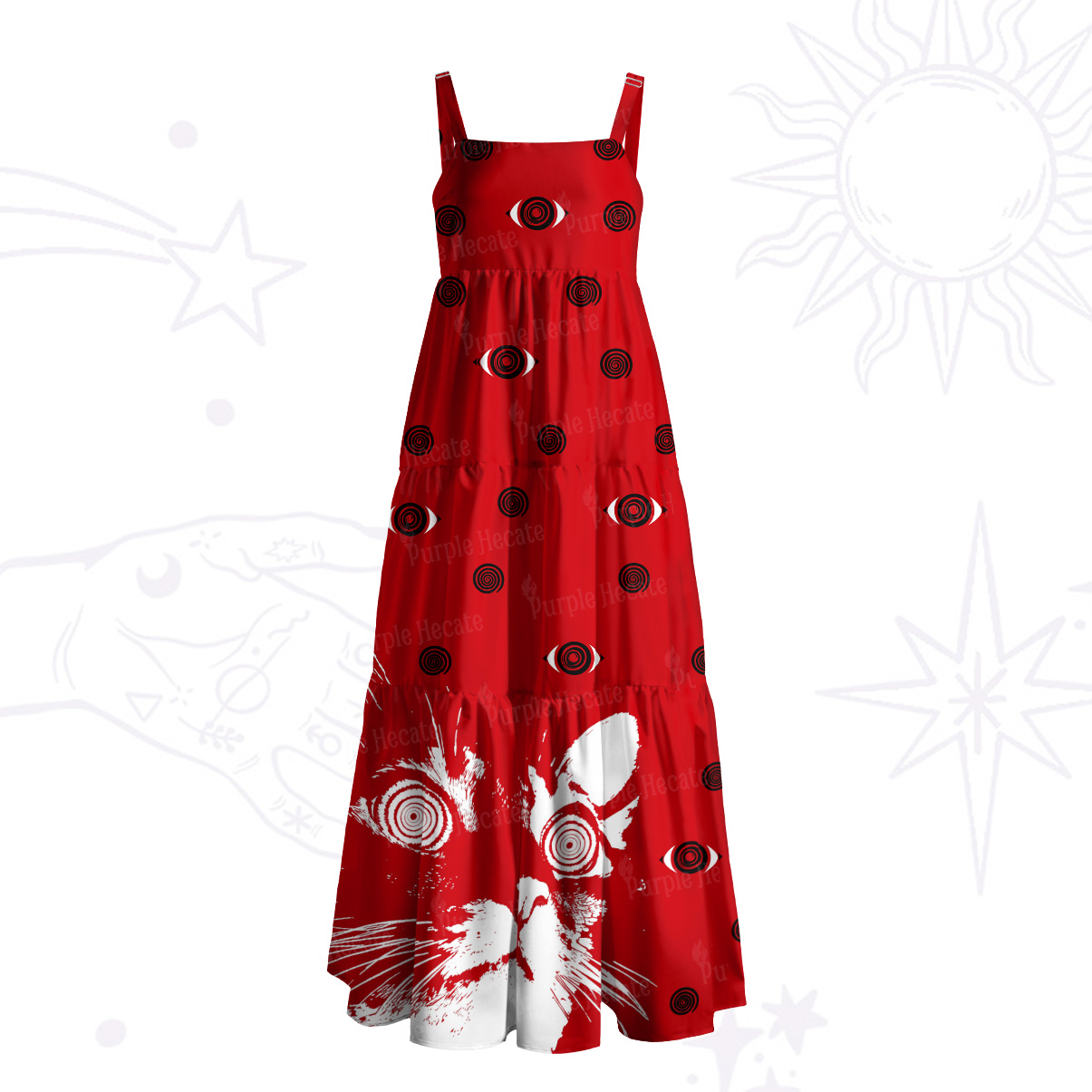 Purplehecate Hypnotic Red Eyes Cat Wide Straps Maxi Dress