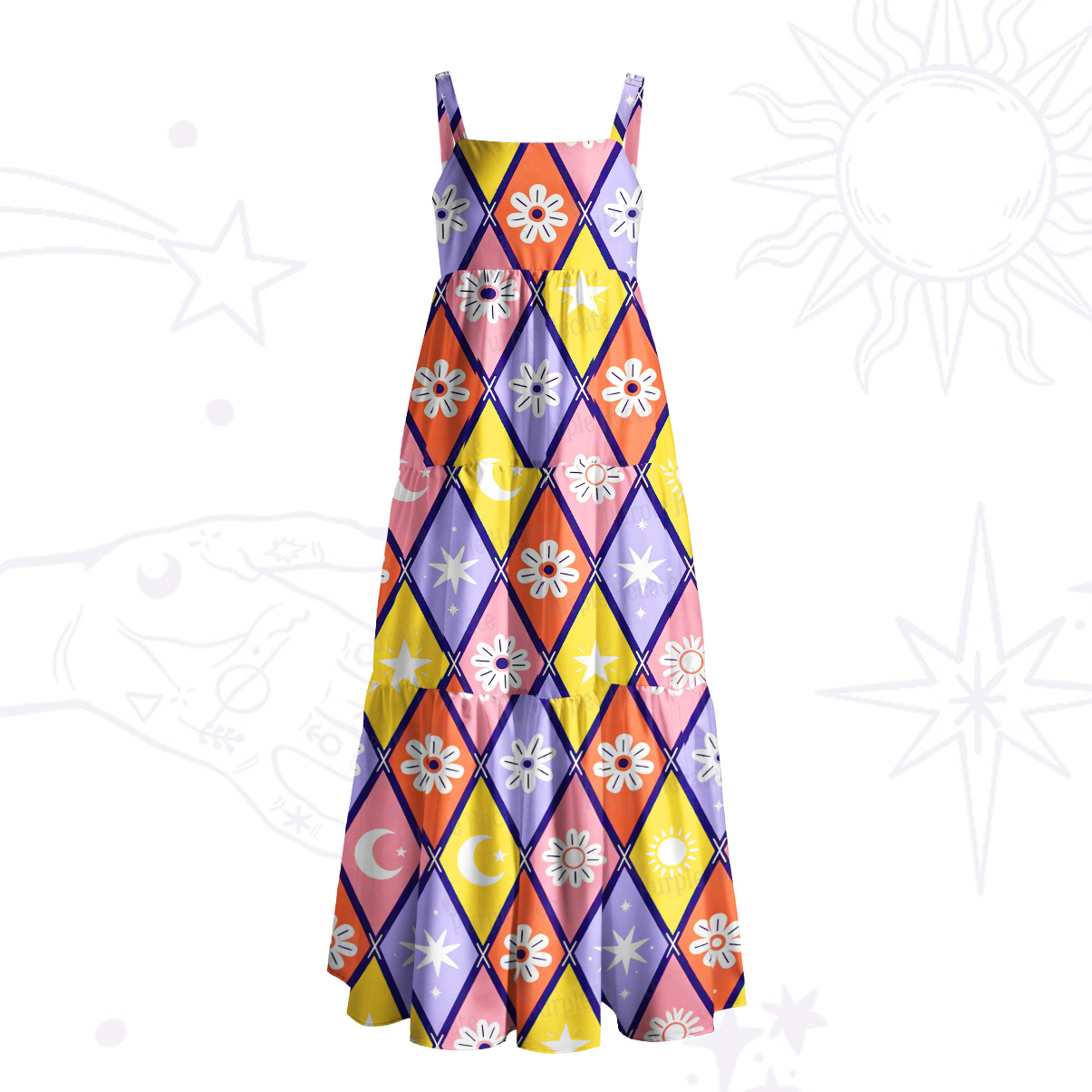 Purplehecate Magic Harlequin Stars & Moon Wide Straps Maxi Dress