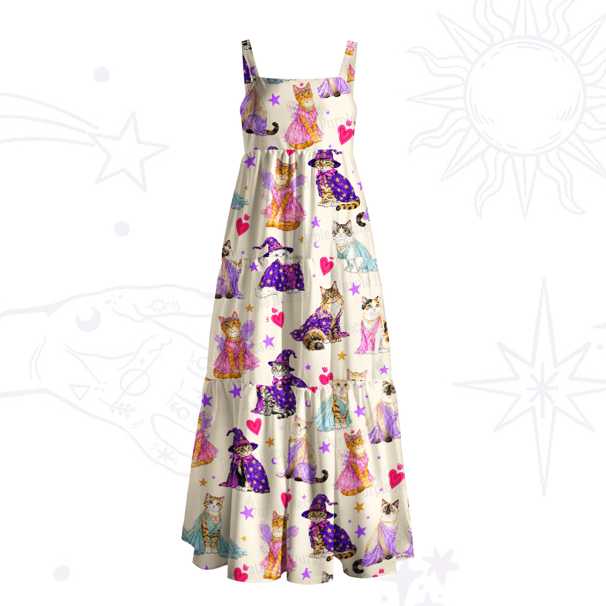 Purplehecate Enchanted Sorcerer Cats Wide Straps Maxi Dress