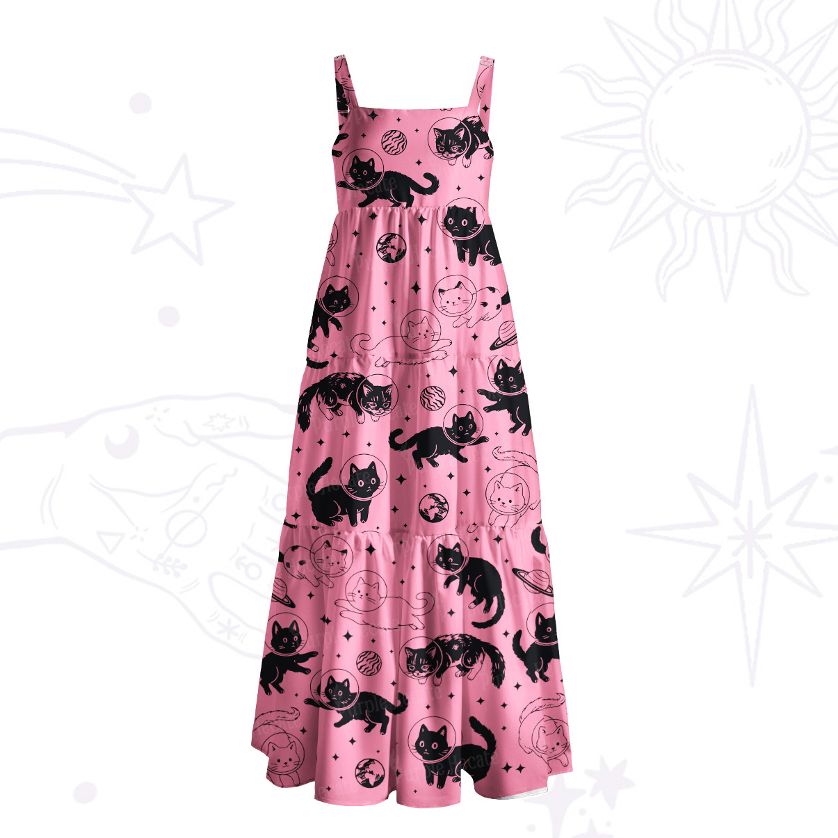 Purplehecate Cats in Space Wide Straps Maxi Dress