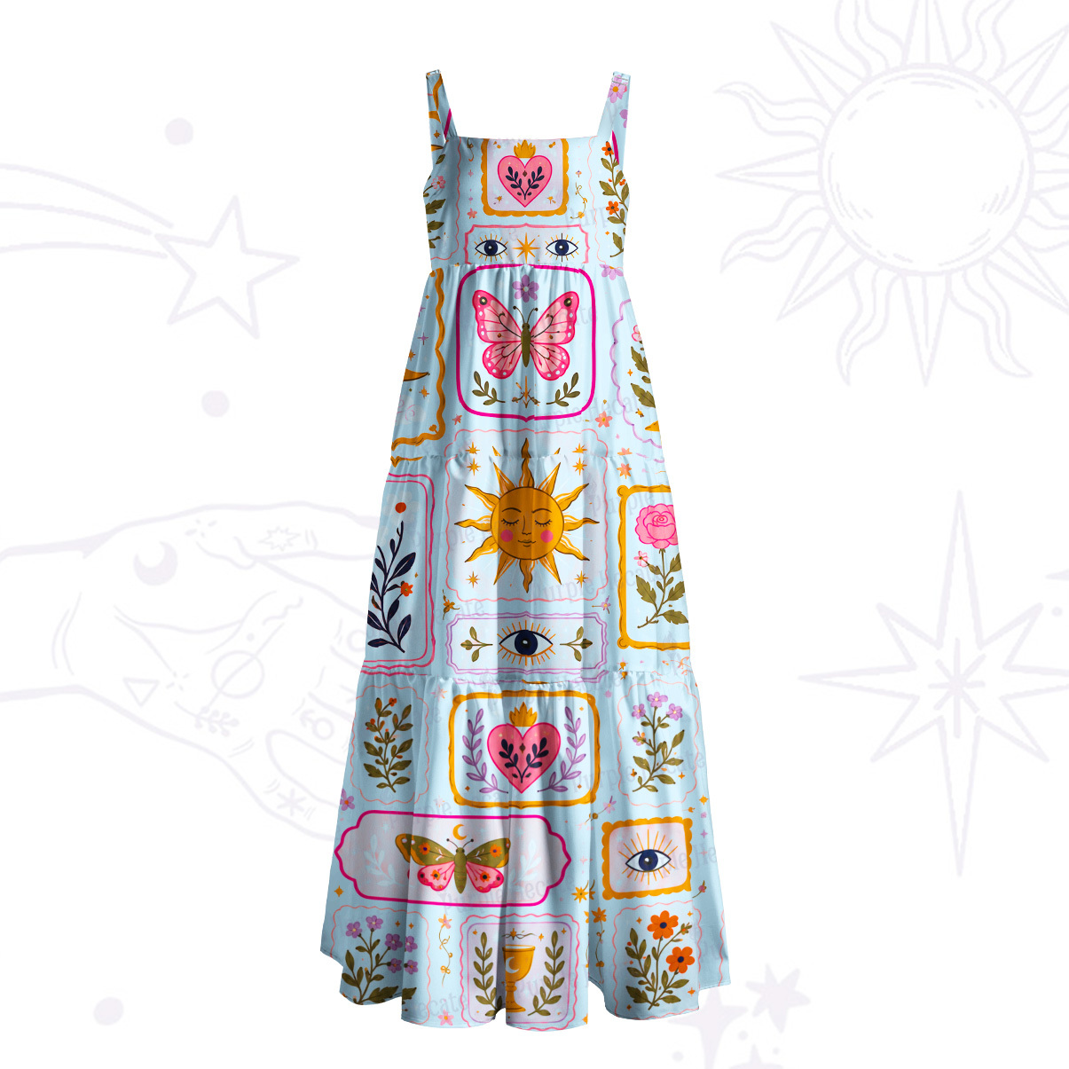 Purplehecate Sun Butterfly Patchwork Wide Straps Maxi Dress