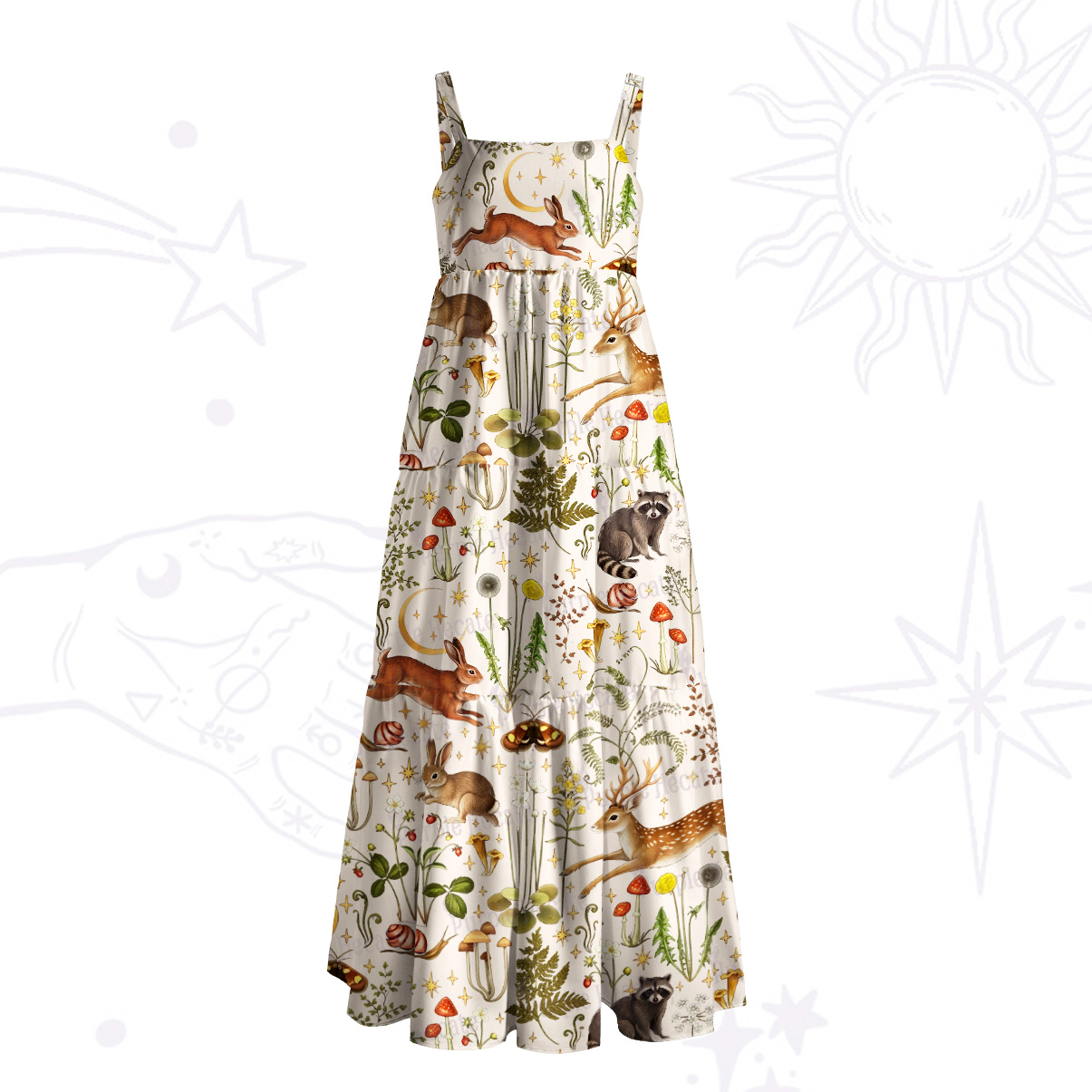 Purplehecate Enchanted Forest Animals Wide Straps Maxi Dress