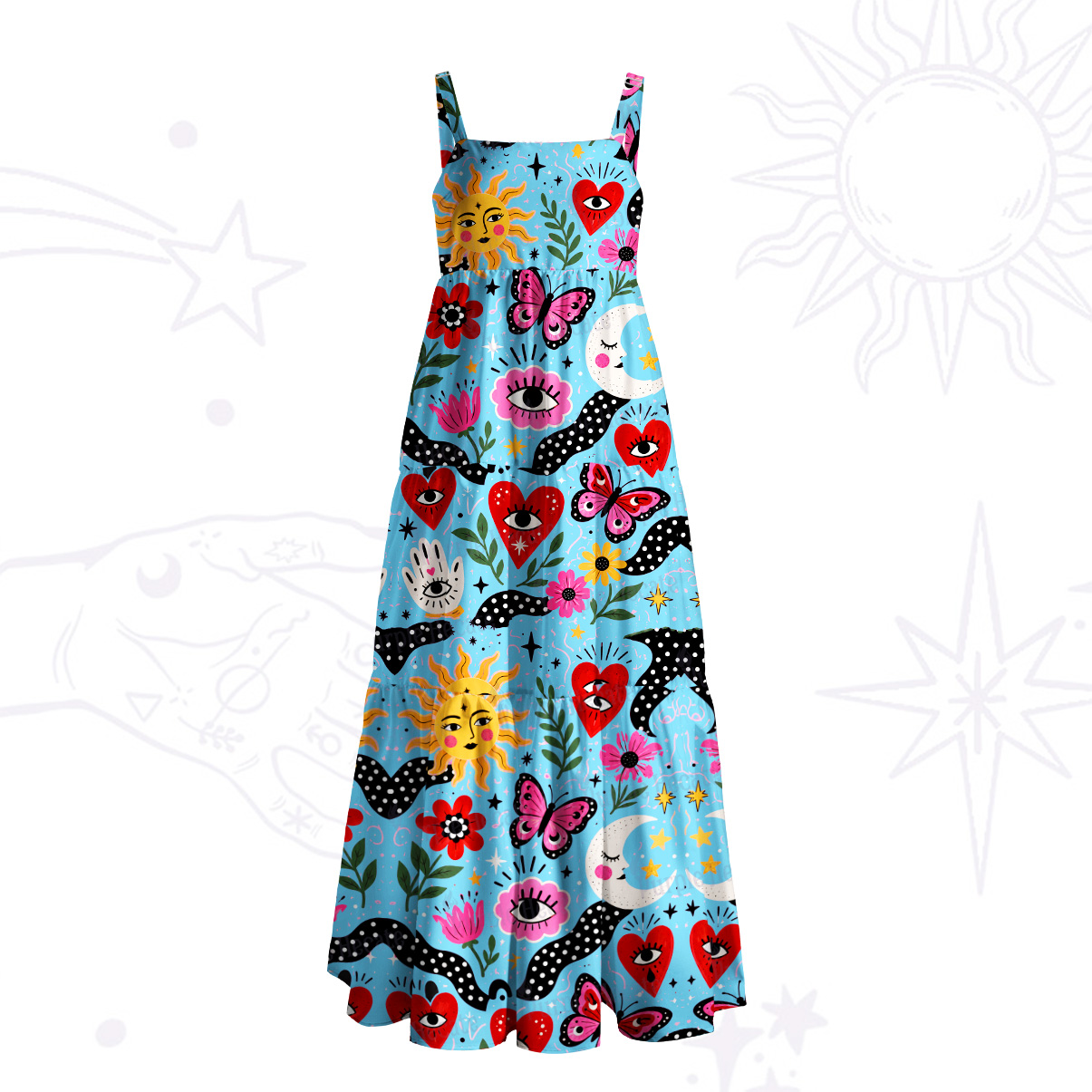 Purplehecate Surreal Eyes and Butterflies Print Wide Straps Maxi Dress