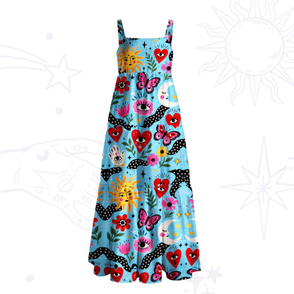 Purplehecate Surreal Eyes and Butterflies Print Wide Straps Maxi Dress
