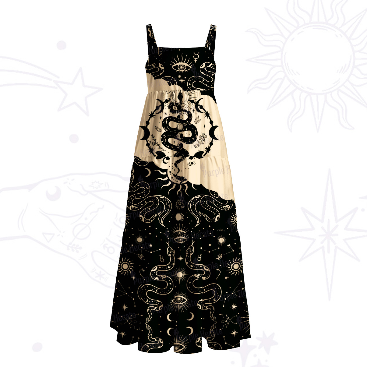 Purplehecate Snake And Moon Phase Comfort Wide Straps Maxi Dress